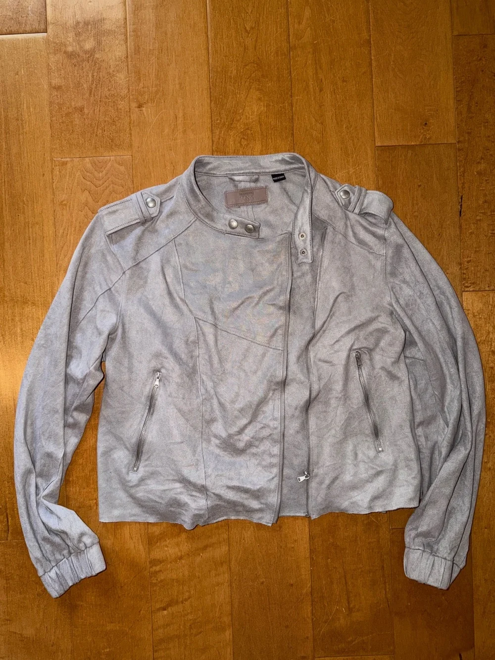 BLANKNYC Faux Suede Moto Jacket Light Gray Zipped No Collar